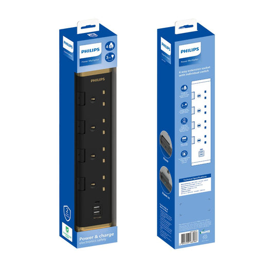 PHILIPS 四位獨立開關附2A1C USB充電 電拖板